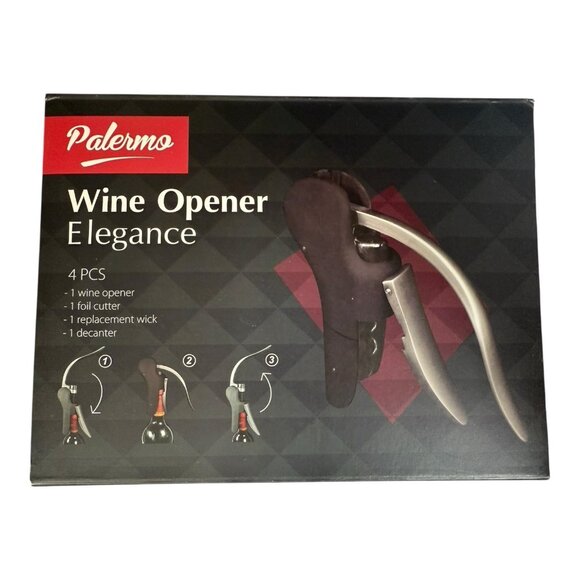 Palermo Wine Opener Elegance 4 Piece Set Opener Cutter Wick Decanter P21 02 - Picture 2 of 4